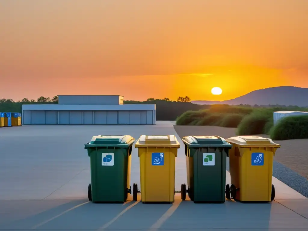 Un centro de reciclaje moderno y sereno, bañado por la cálida luz del atardecer