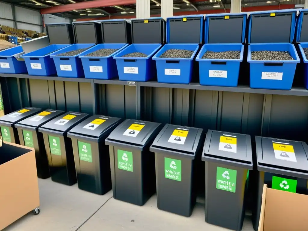 Un centro de reciclaje organizado con distintos contenedores para desechos electrónicos