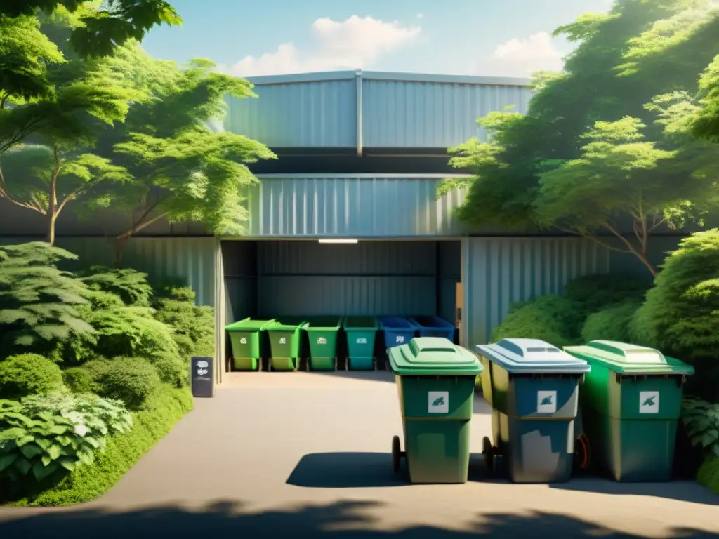 Un centro de reciclaje en Japón, con bins organizados y naturaleza exuberante, reflejando las técnicas de compostaje en Japón