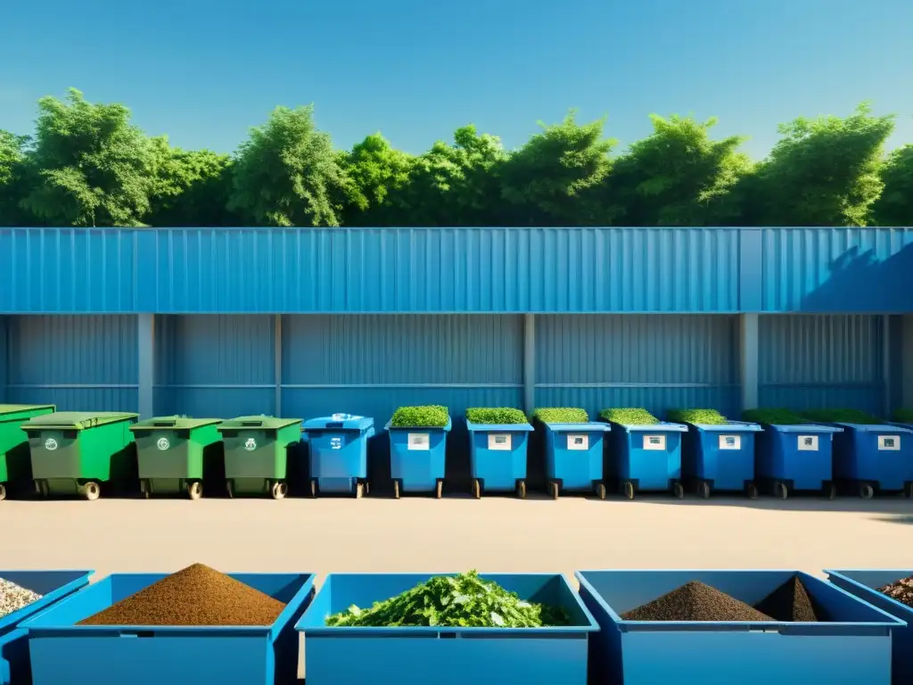 Centro de reciclaje con gestión de residuos responsable, organizado y eficiente, rodeado de exuberante naturaleza bajo un cielo azul