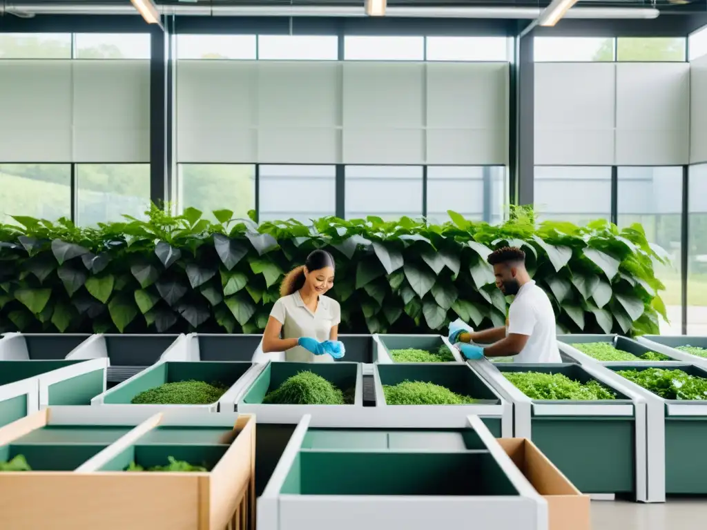 Un centro de reciclaje de ropa sostenible, con moderna arquitectura y trabajadores sonrientes que transmiten comunidad y compromiso