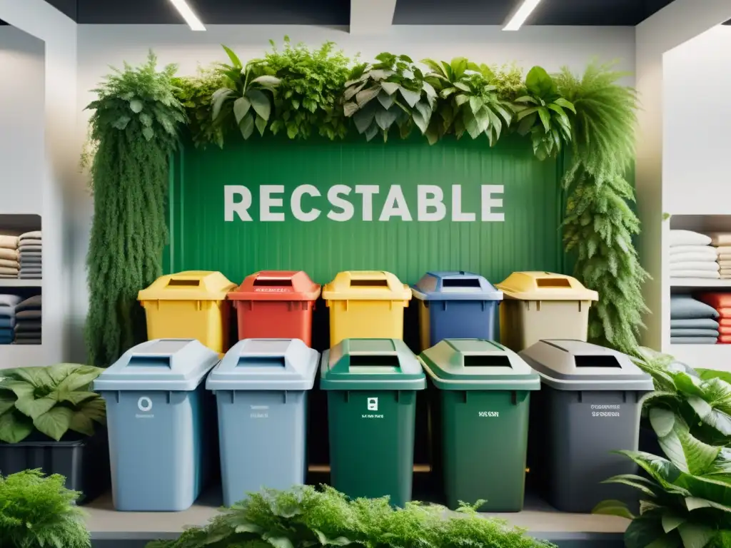 Centro de reciclaje de ropa sostenible con contenedores ordenados y luz natural, transmitiendo serenidad y responsabilidad ambiental