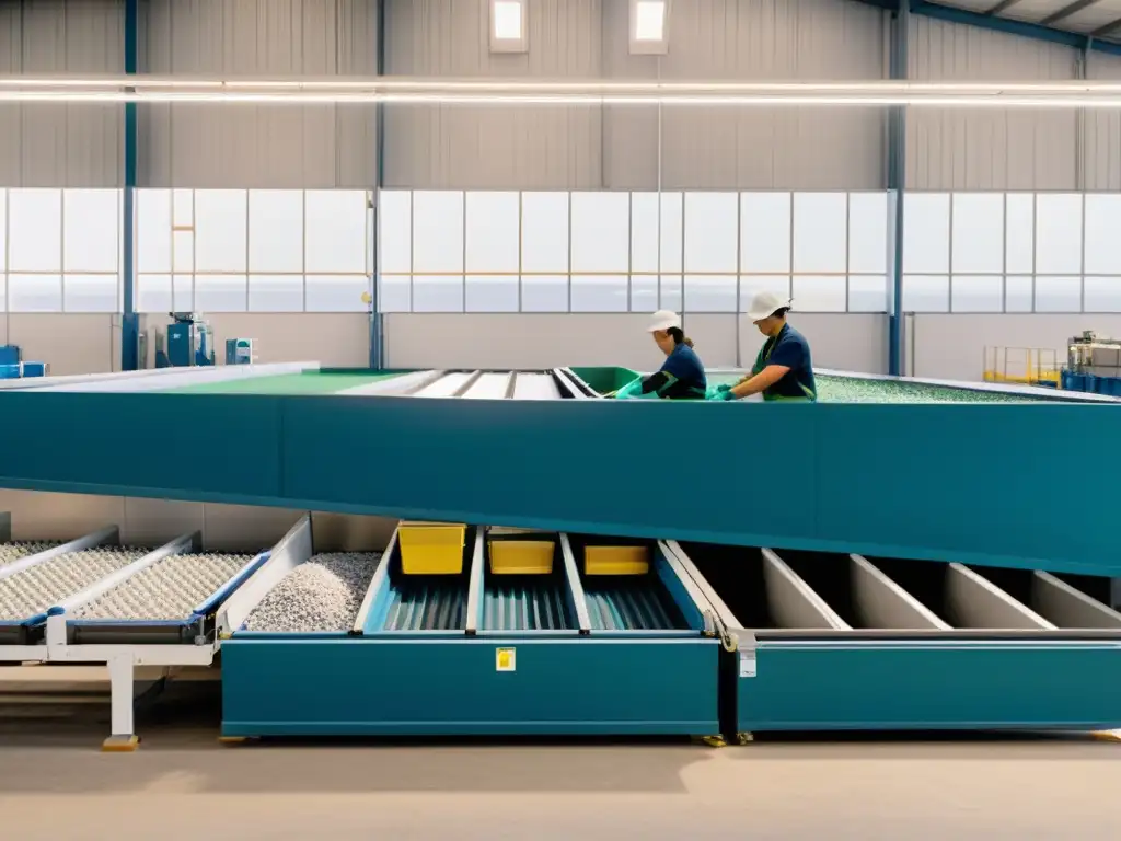 Un centro de reciclaje sereno y eficiente, con trabajadores clasificando materiales en cintas transportadoras bajo una brillante luz natural