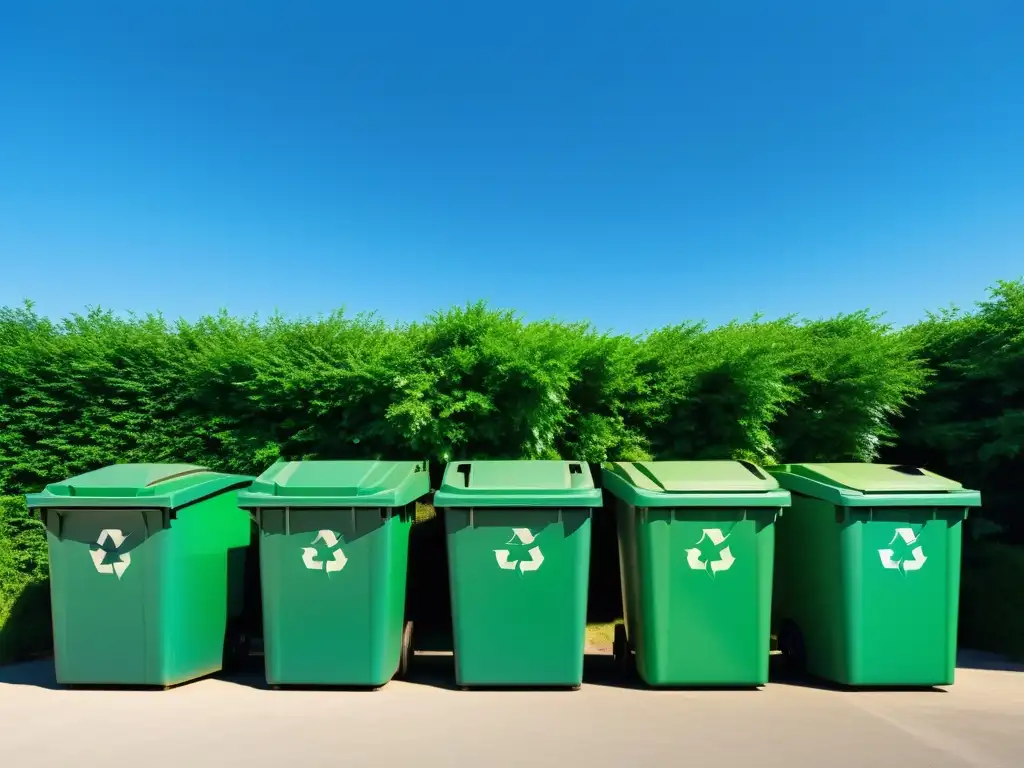 Centro de reciclaje sereno con estrategias de reciclaje efectivas para reducción de costos, rodeado de exuberante vegetación y cielo azul claro