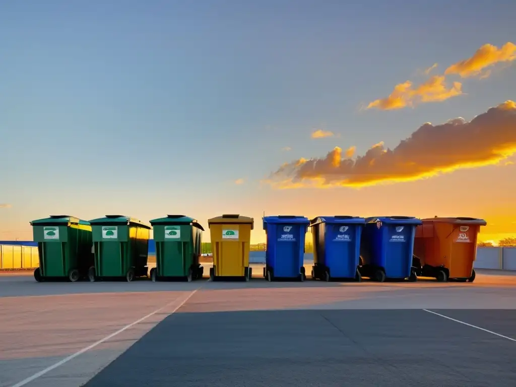 Un centro de reciclaje al anochecer, con el sol poniéndose en el fondo, creando un ambiente sereno