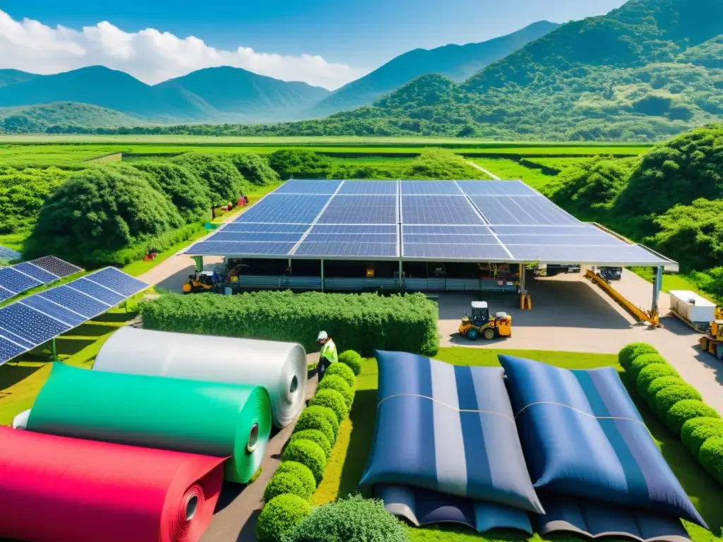 Un centro de reciclaje textil moderno con trabajadores, maquinaria y paneles solares, rodeado de vegetación