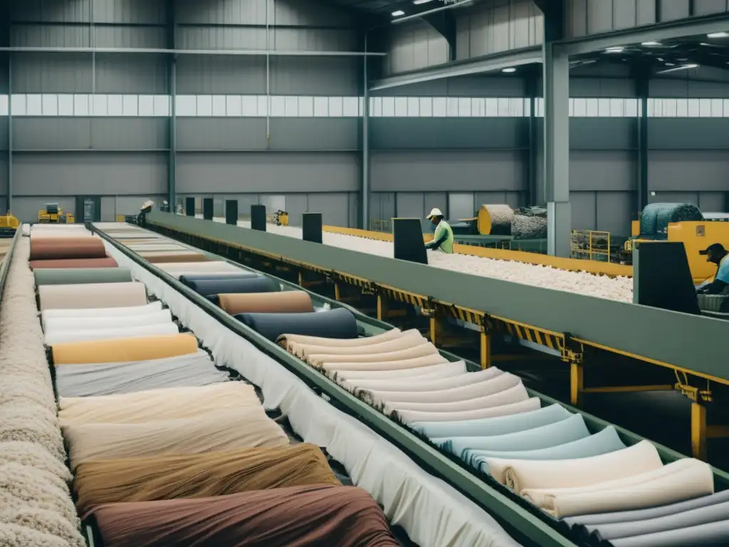 Un centro de reciclaje textil con trabajadores clasificando telas, transmitiendo la sostenibilidad y el impacto ambiental en la industria de la moda