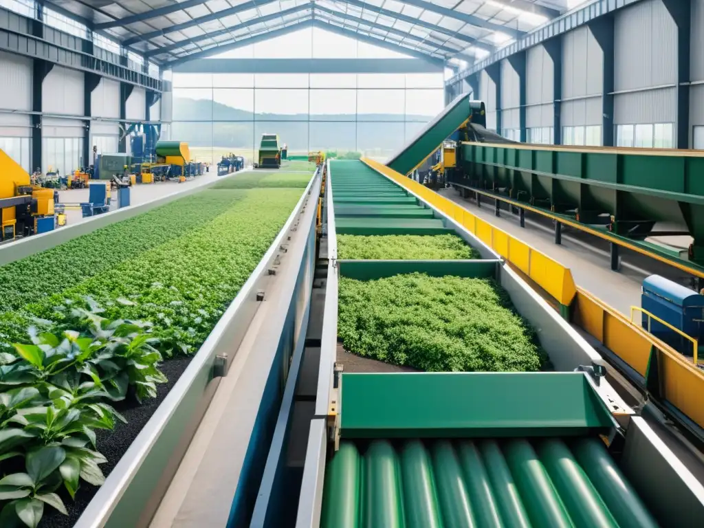 Planta de reciclaje: eficiencia y armonía Un centro de reciclaje con trabajadores separando materiales, iluminado por luz natural