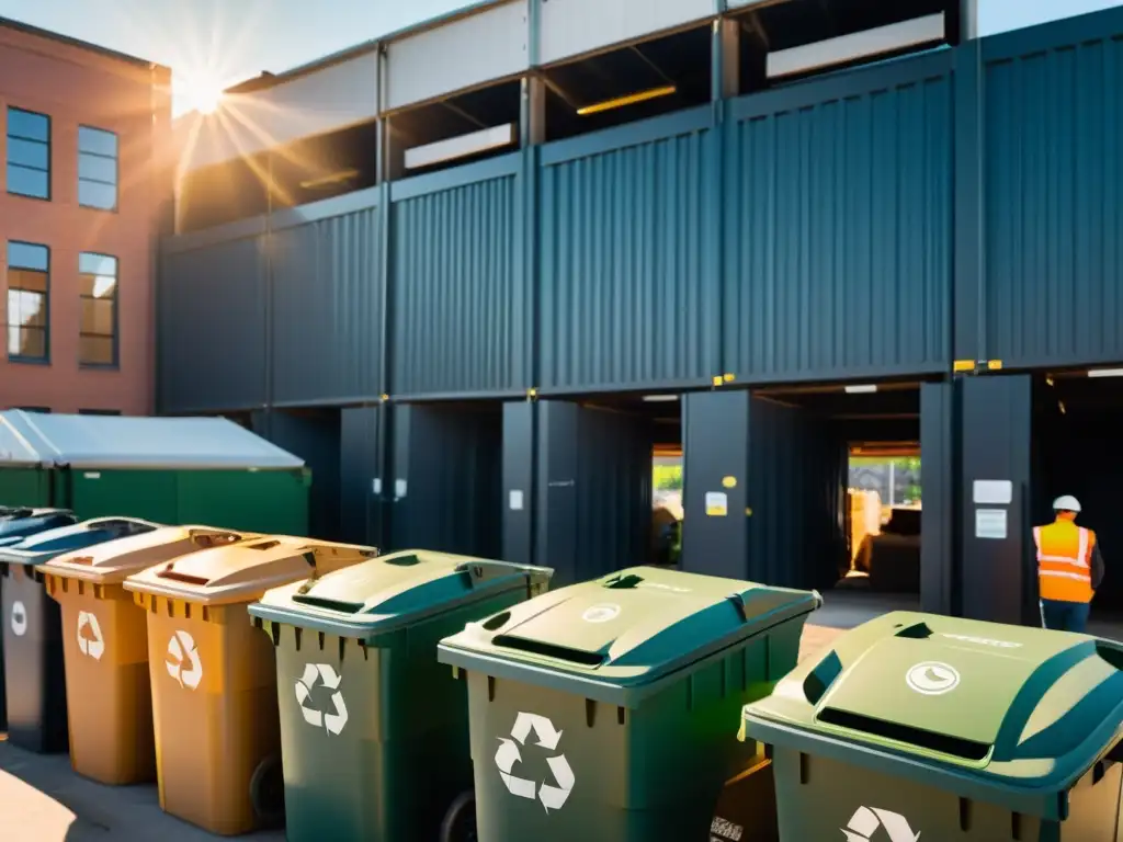 Un centro de reciclaje urbano bullicioso con trabajadores ocupados y contenedores organizados