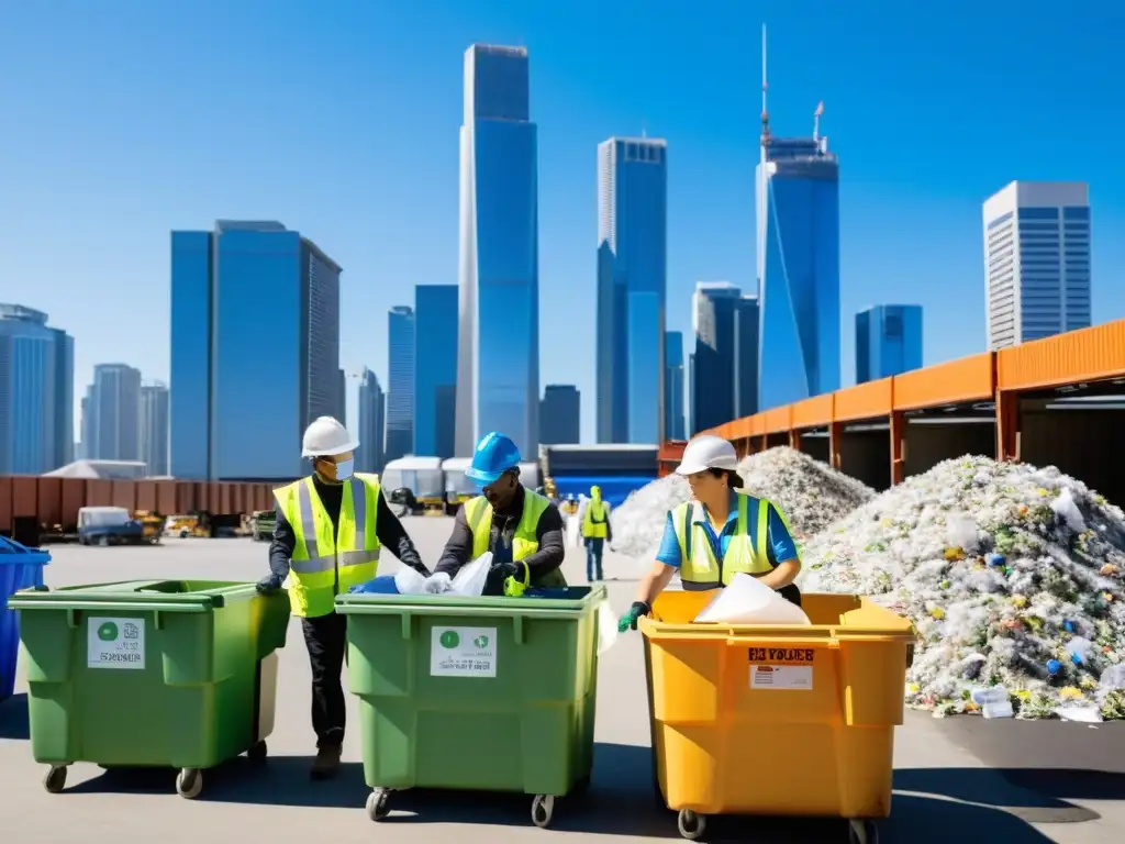 Un centro de reciclaje urbano con personas separando materiales, mostrando la importancia del reciclaje en residuos urbanos