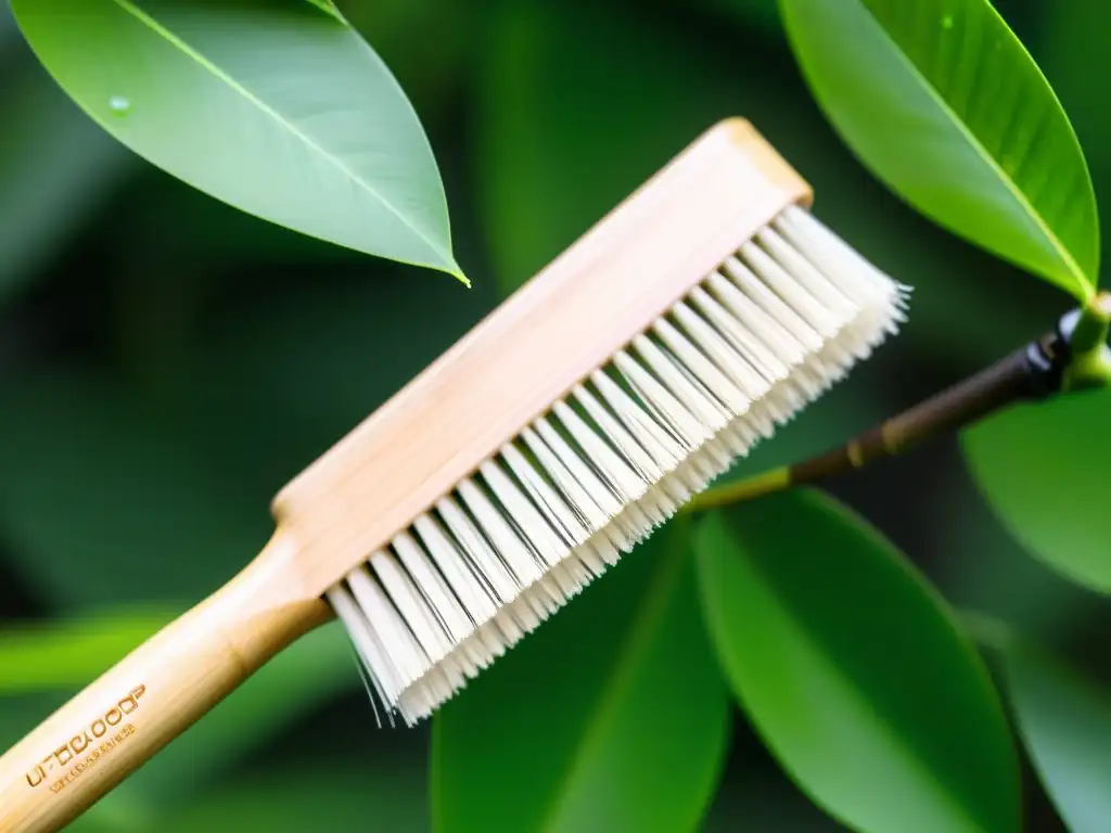 Un cepillo de limpieza compostable de bambú con diseño minimalista, rodeado de vegetación exuberante y gotas de agua