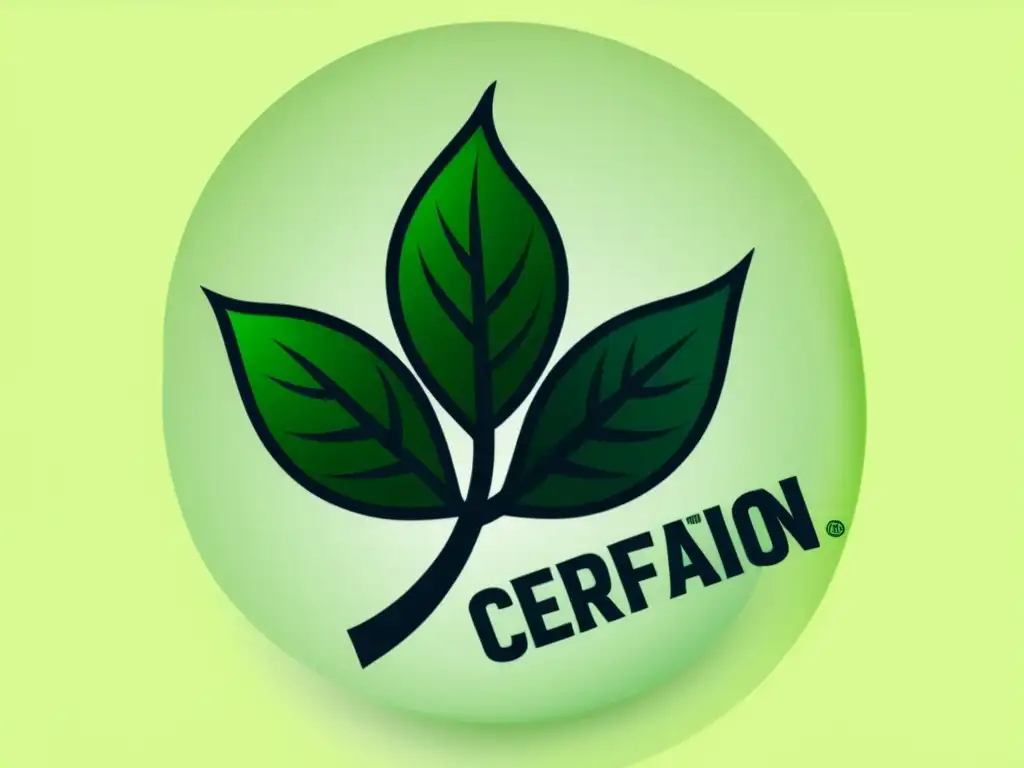 Certificaciones ecológicas en marketing: Ilustración minimalista de una hoja verde emergiendo de un sello de certificación moderno, transmitiendo ecoamigabilidad y acreditación profesional