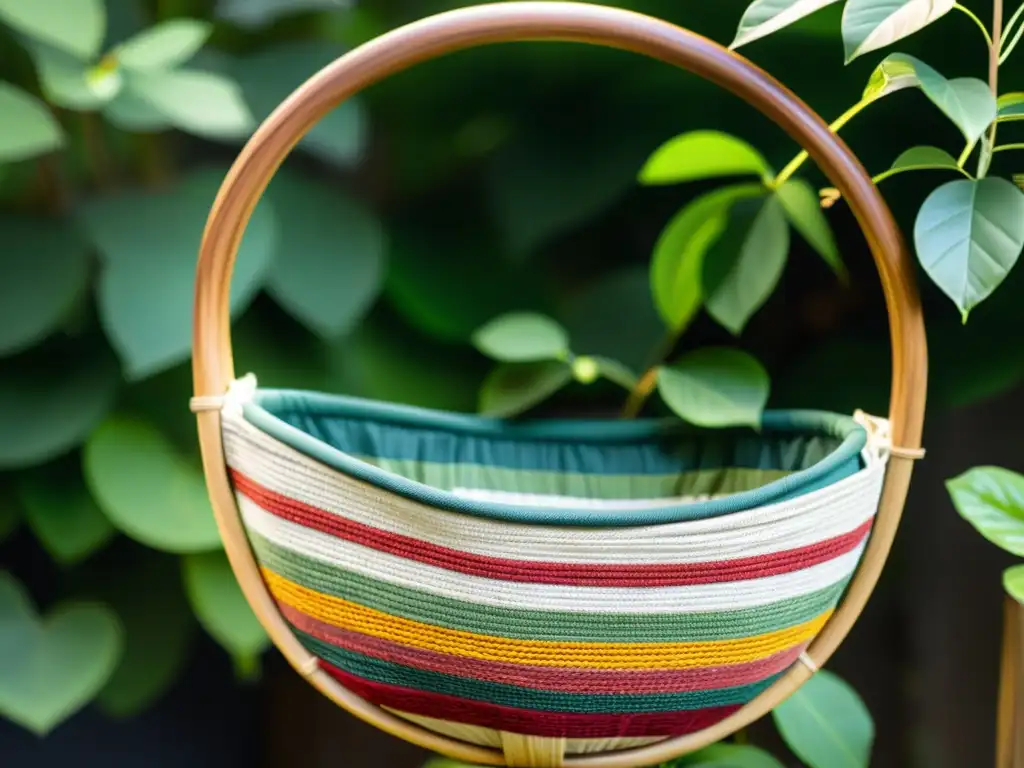 Una cesta de cosecha hecha a mano con materiales reciclados, iluminada por suave luz entre la exuberante vegetación