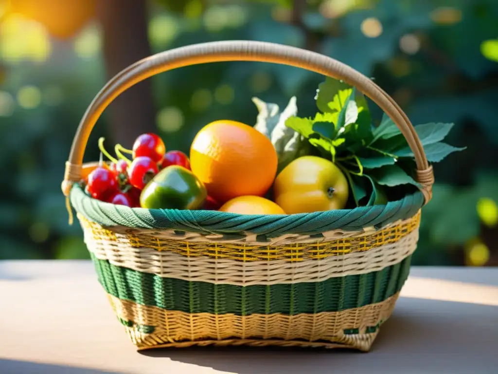 Una cesta de cosecha de materiales reciclados rebosante de frutas y verduras frescas, destacando el diseño ecológico y la artesanía