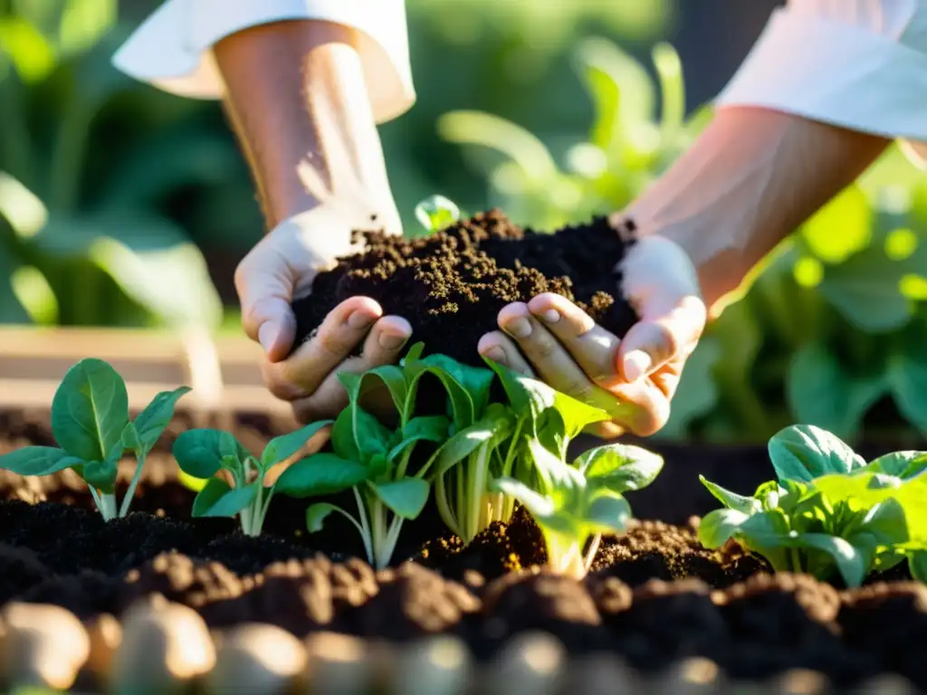 Un chef esparciendo abono de compost casero sobre tiernos brotes verdes en un jardín soleado