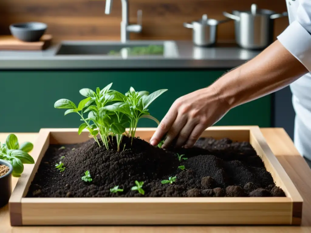 Un chef esparce abono de compost casero sobre un pequeño jardín de hierbas en una elegante cocina moderna