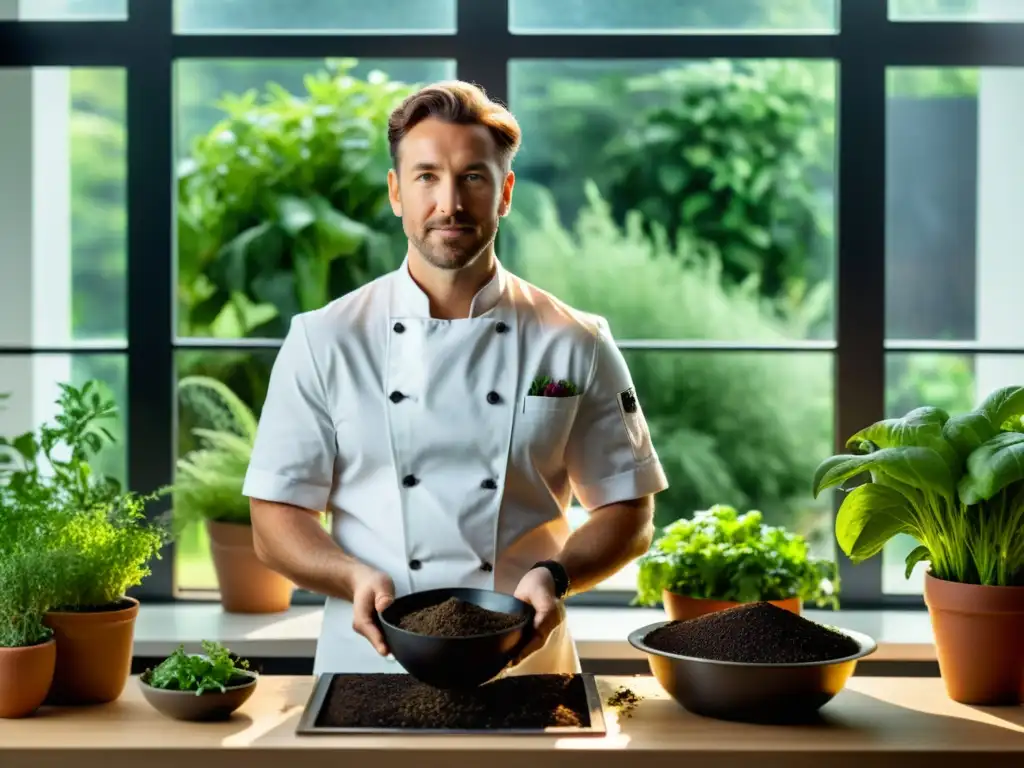 Un chef en su cocina minimalista, sostiene un bol de compost casero con lombrices