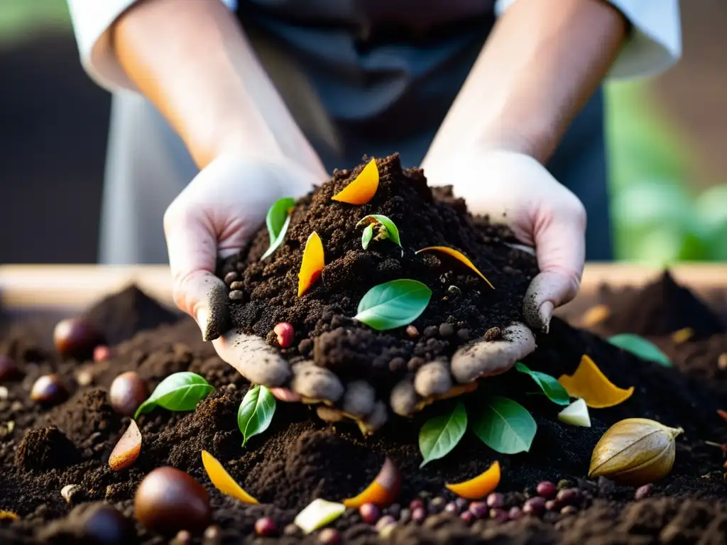 Un chef crea un compostaje con cuidado, mostrando la importancia de la sostenibilidad en la gastronomía