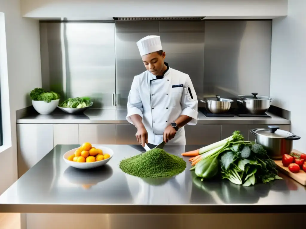 Un chef corta con precisión en una cocina impecable, demostrando la reducción de residuos en restaurantes