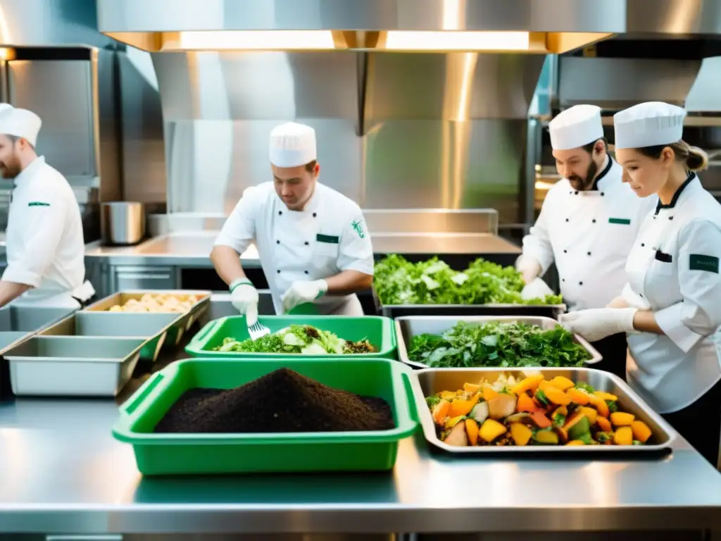 Chef y equipo reutilizan residuos orgánicos en cocina de restaurante, destacando la limpieza y sostenibilidad