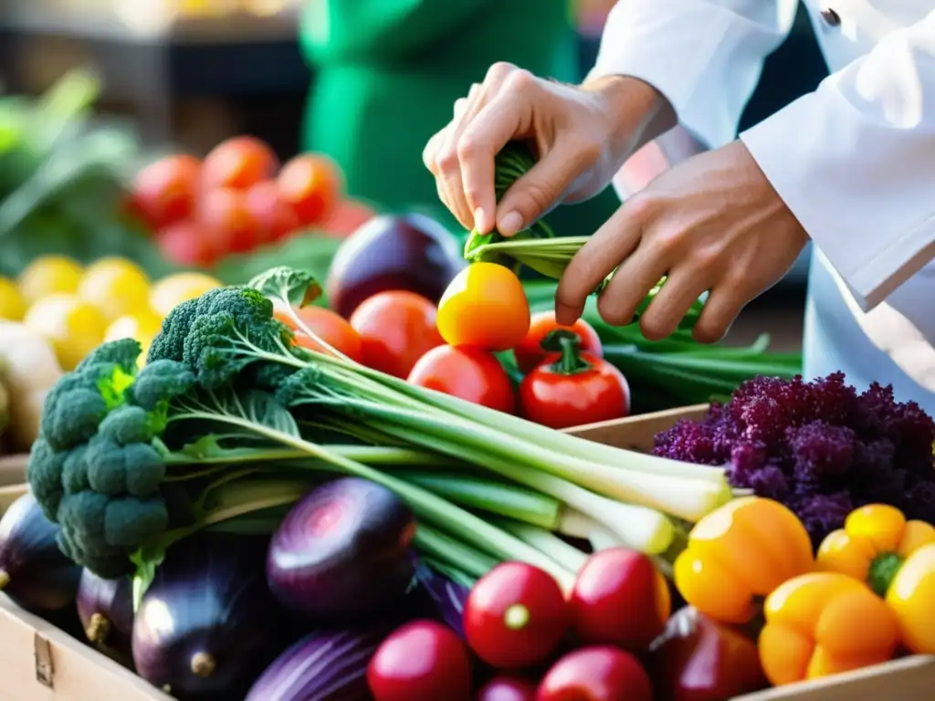 Un chef experto selecciona con cuidado productos frescos en un mercado, destacando la calidad y sostenibilidad