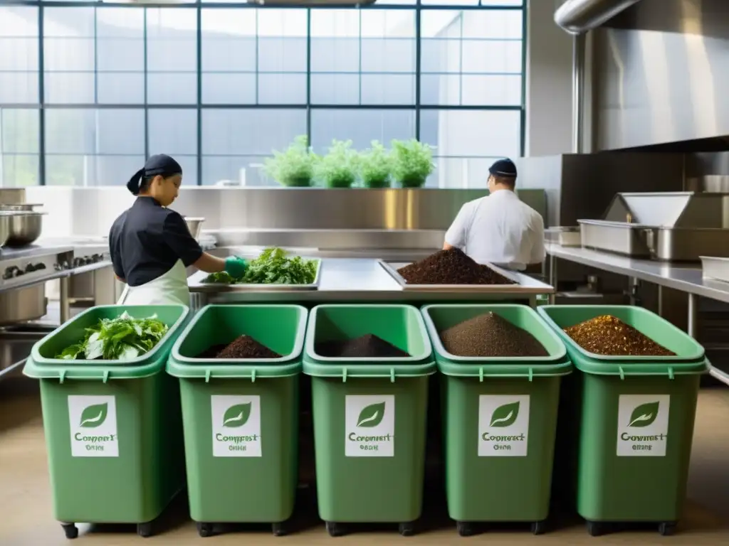 Chef y personal en cocina comercial separando residuos en contenedores de compostaje y enjuagando utensilios