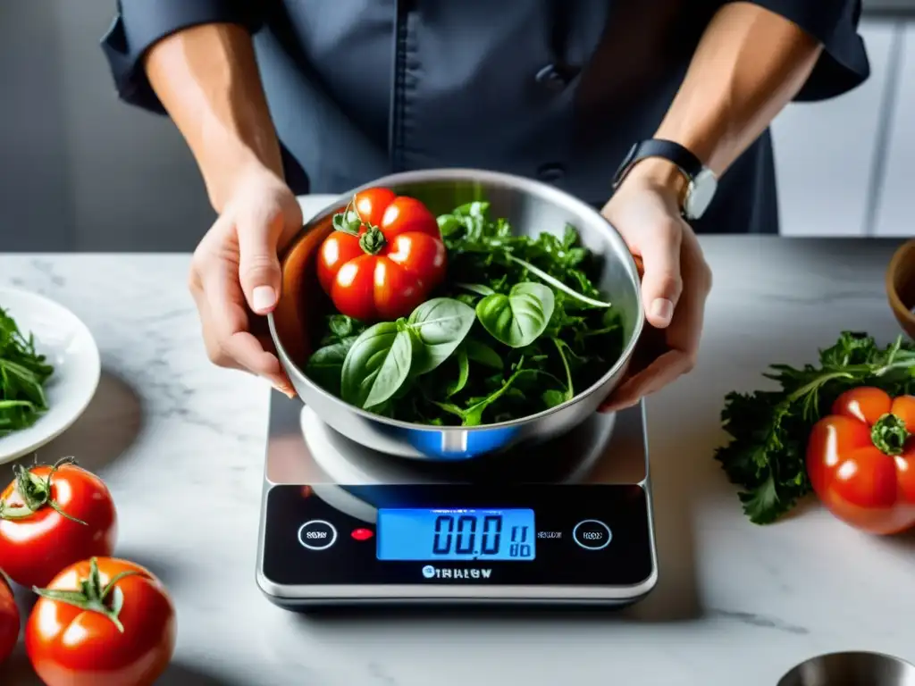 Un chef mide con precisión ingredientes frescos en una balanza de cocina moderna, destacando la reducción de desperdicio alimentario en casa