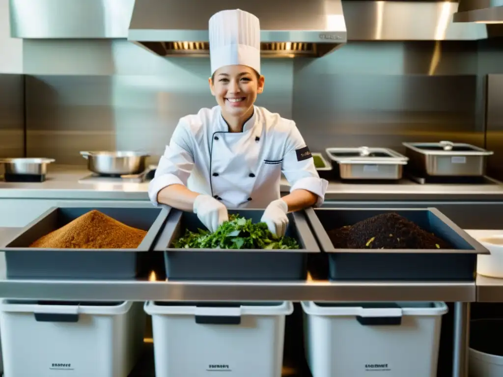 Un chef sonriente clasifica restos de comida en contenedores de compostaje en una cocina impecable