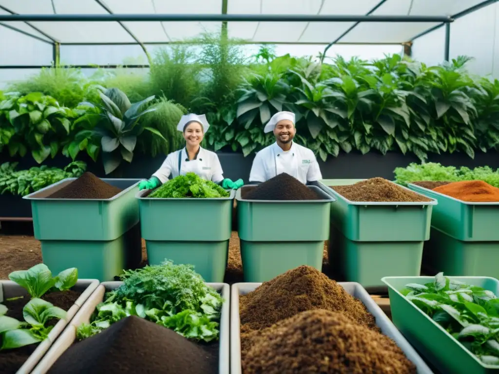 Chef y trabajadores compostando en cocina industrial, rodeados de vegetación