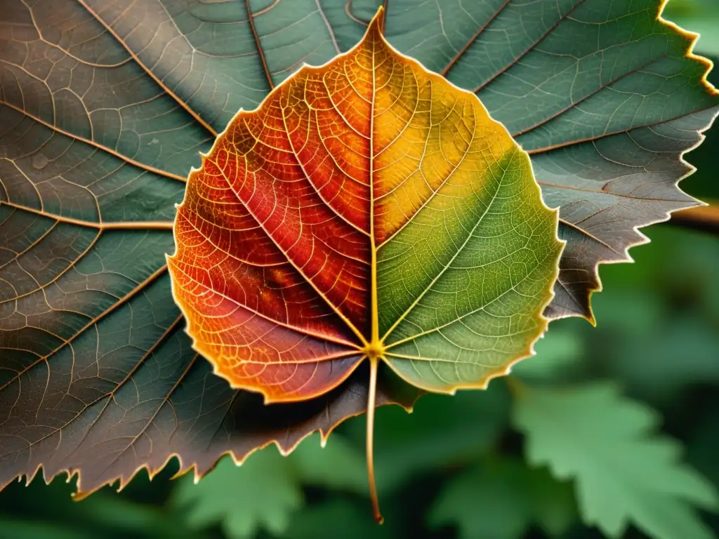 Ciclo de materia orgánica en ecosistemas: Detalle de hoja caída con vida microscópica y colores naturales