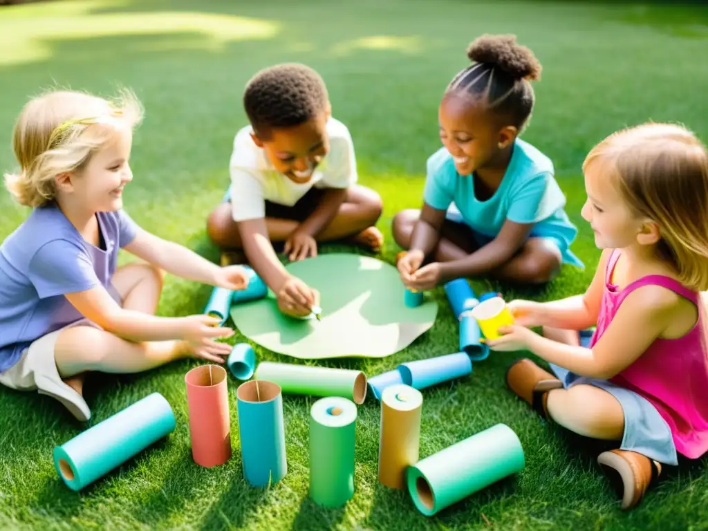 Un círculo de niños crea manualidades ecológicas con suministros reciclados, sonrientes bajo el sol