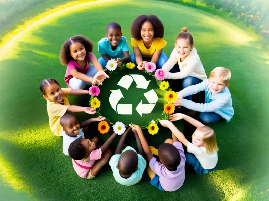 Un círculo de niños diversos sostienen manos en un campo, con un símbolo de reciclaje de flores