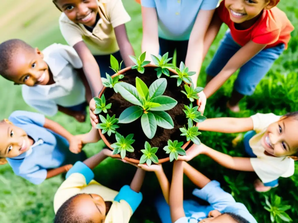 Un círculo de niños diversos sonrientes, sosteniendo plantas en macetas en un campo verde