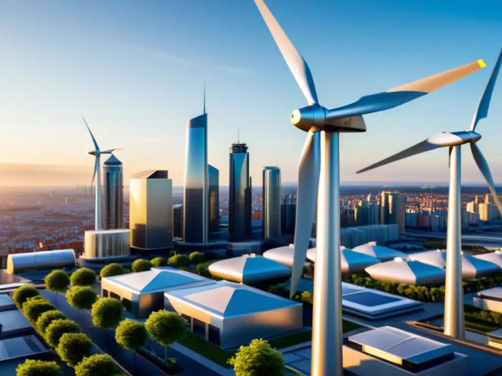Una ciudad moderna con pequeñas turbinas eólicas urbanas integradas en los tejados, reflejando una vida urbana futurista y ecológica