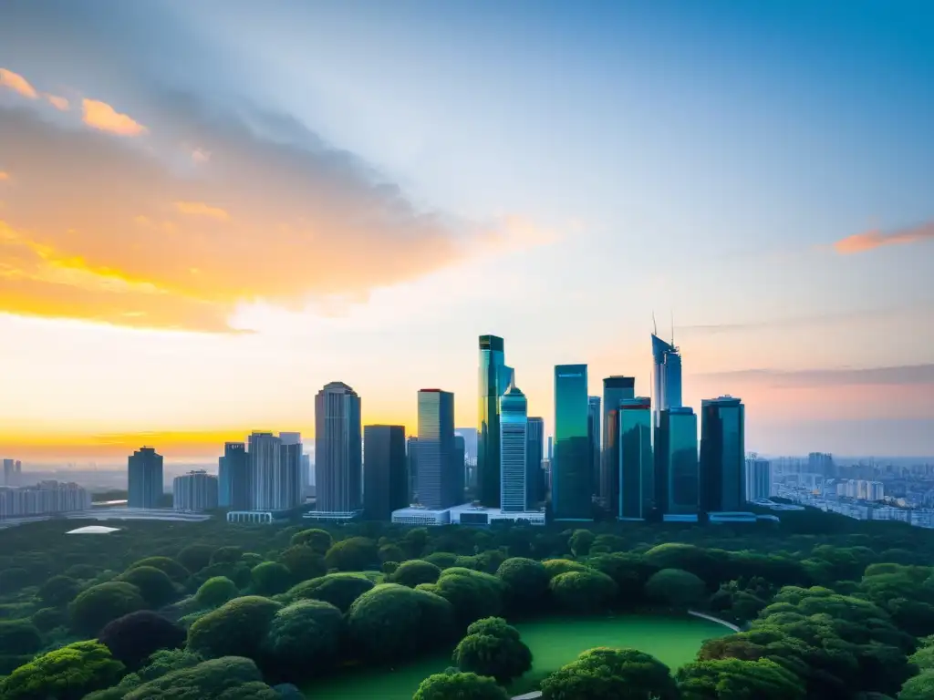 Una ciudad moderna con rascacielos, rodeada de naturaleza y atardecer vibrante, simboliza el éxito de las franquicias reciclaje