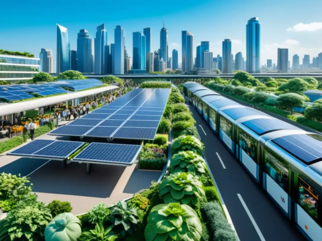 Una ciudad sostenible con modernos rascacielos, vegetación exuberante y transporte eléctrico