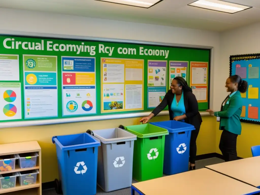 Formación ciudadanos responsables economía circular: Estudiantes diversos colaboran en actividad de reciclaje en aula luminosa y estimulante