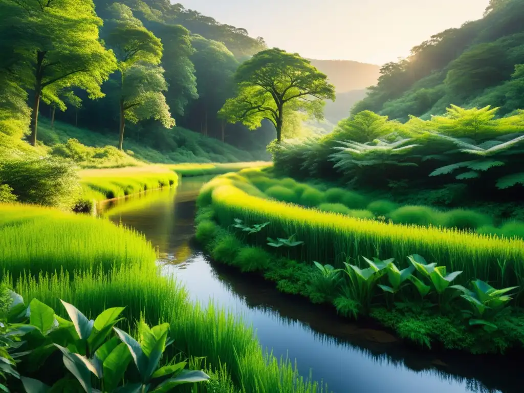 Un claro de bosque sereno y exuberante con un arroyo cristalino serpenteando entre la exuberante vegetación, bañado por la luz dorada del sol