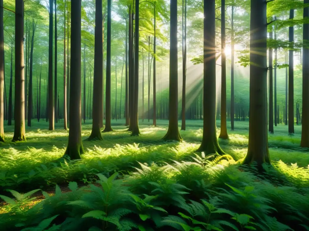 Un claro de bosque soleado, con árboles altos y sombras alargadas, transmite serenidad y belleza natural