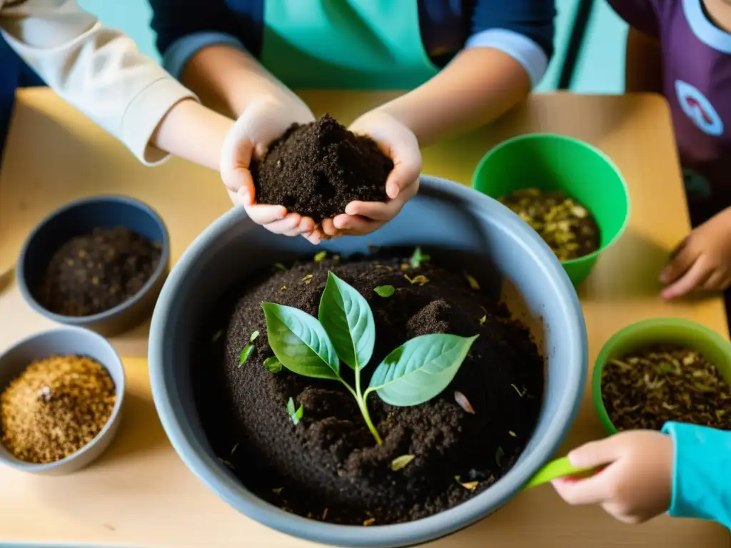 Clase educativa de compostaje, niños aprendiendo manejo seguro residuos, creando compost