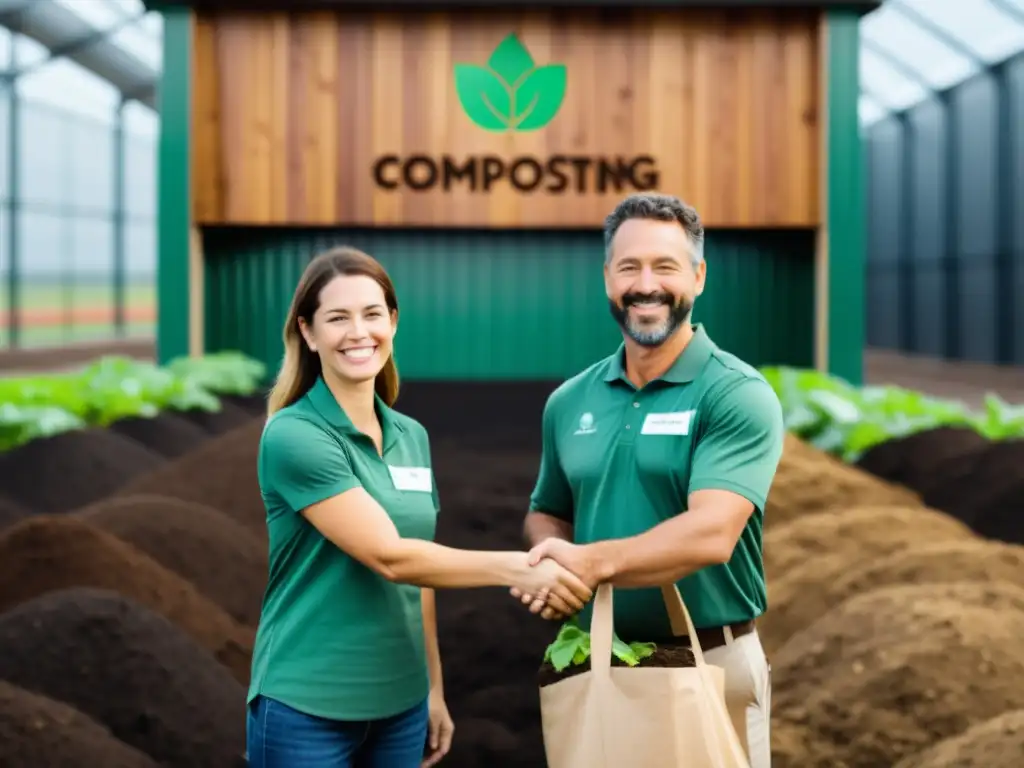 Cliente y dueño de negocio de compostaje sonrientes, se estrechan la mano frente a moderna instalación de compostaje