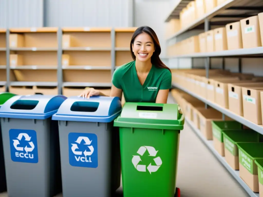 Un cliente feliz recicla en una franquicia, rodeado de contenedores ordenados