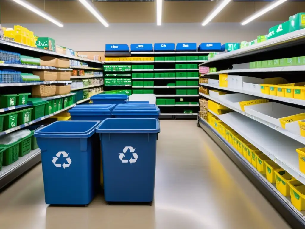 Clientes reciclando en un supermercado con estantes llenos de productos y una estación de reciclaje prominente