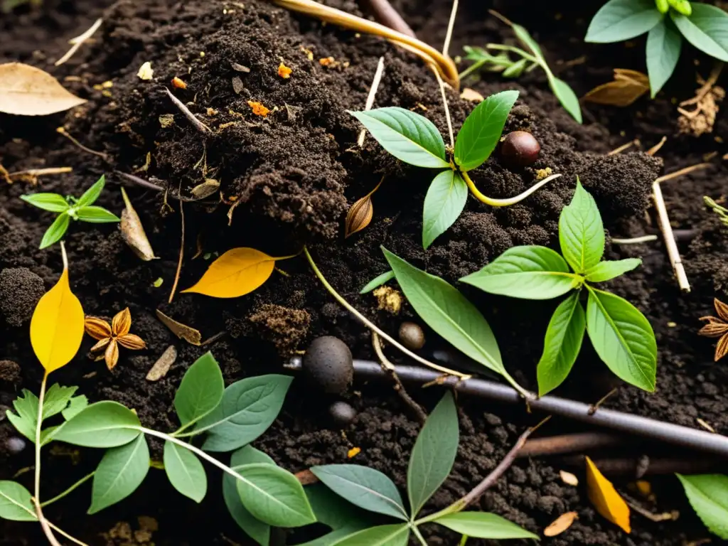 Close-up de un montón de compost con diferentes etapas de descomposición, destacando la complejidad y belleza natural del proceso