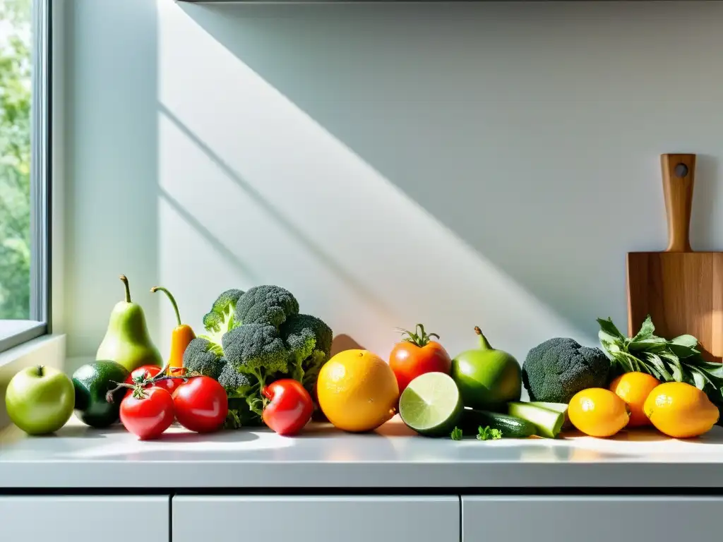 Una cocina con frutas y verduras frescas, utensilios modernos y decoración minimalista, iluminada por luz natural