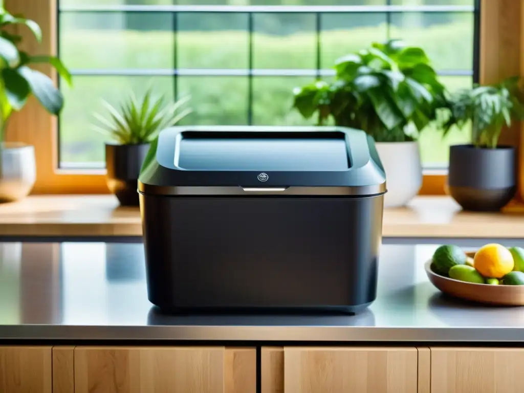 Una cocina luminosa con un moderno contenedor de compostaje negro mate y plantas exuberantes