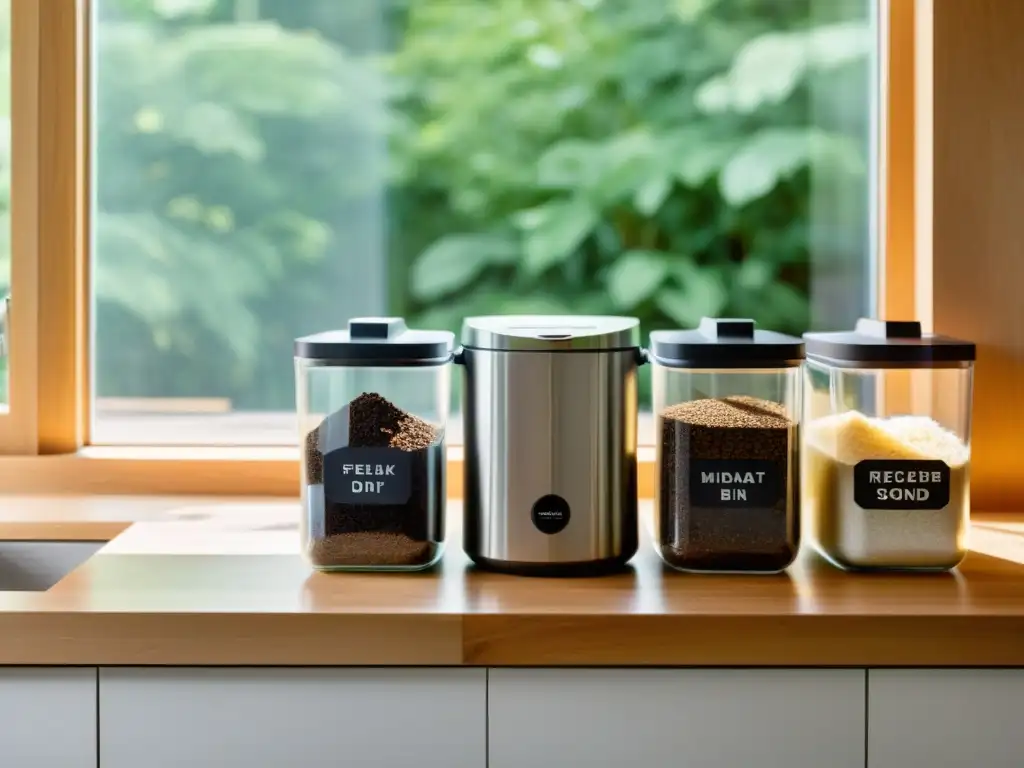 Una cocina minimalista con un contenedor de compostaje de acero inoxidable y frascos de vidrio organizados con materiales reciclables