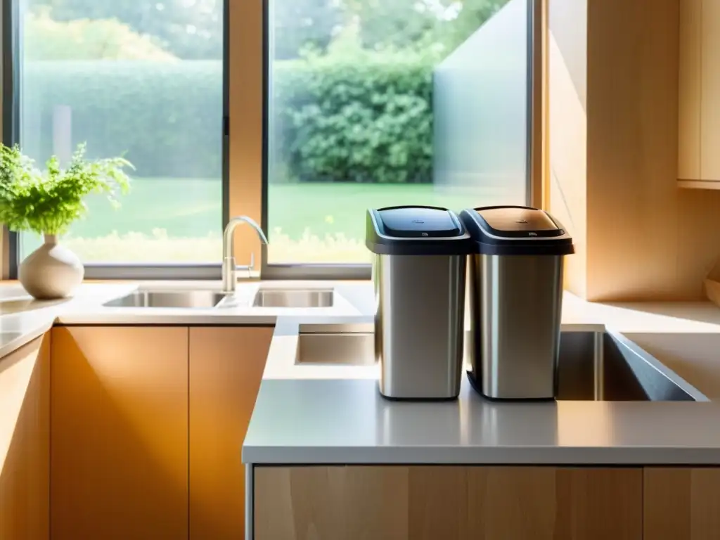 Una cocina minimalista con contenedores de reciclaje organizados y una compostera llena de restos de comida, iluminada por la luz del sol