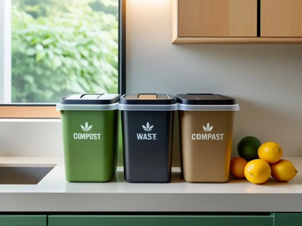 Una cocina minimalista con contenedores separados para compost, reciclaje y basura, transmitiendo la integración de consejos compostaje rutina diaria