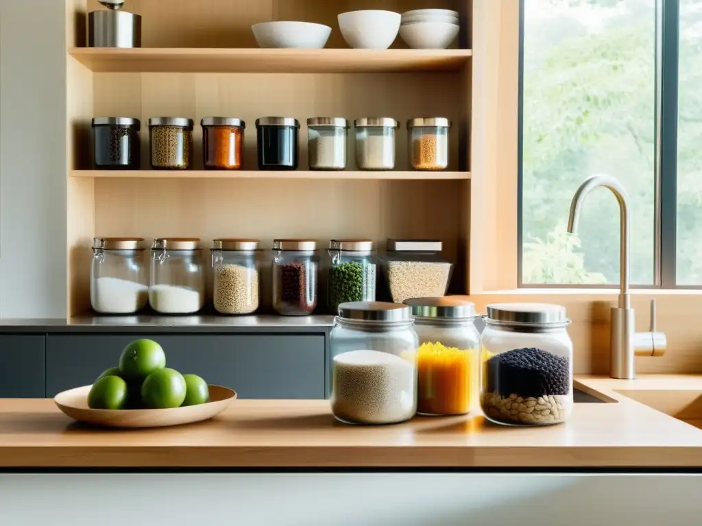 Una cocina minimalista con frascos de vidrio llenos de alimentos a granel, una compostera de acero inoxidable y desechos de frutas y verduras